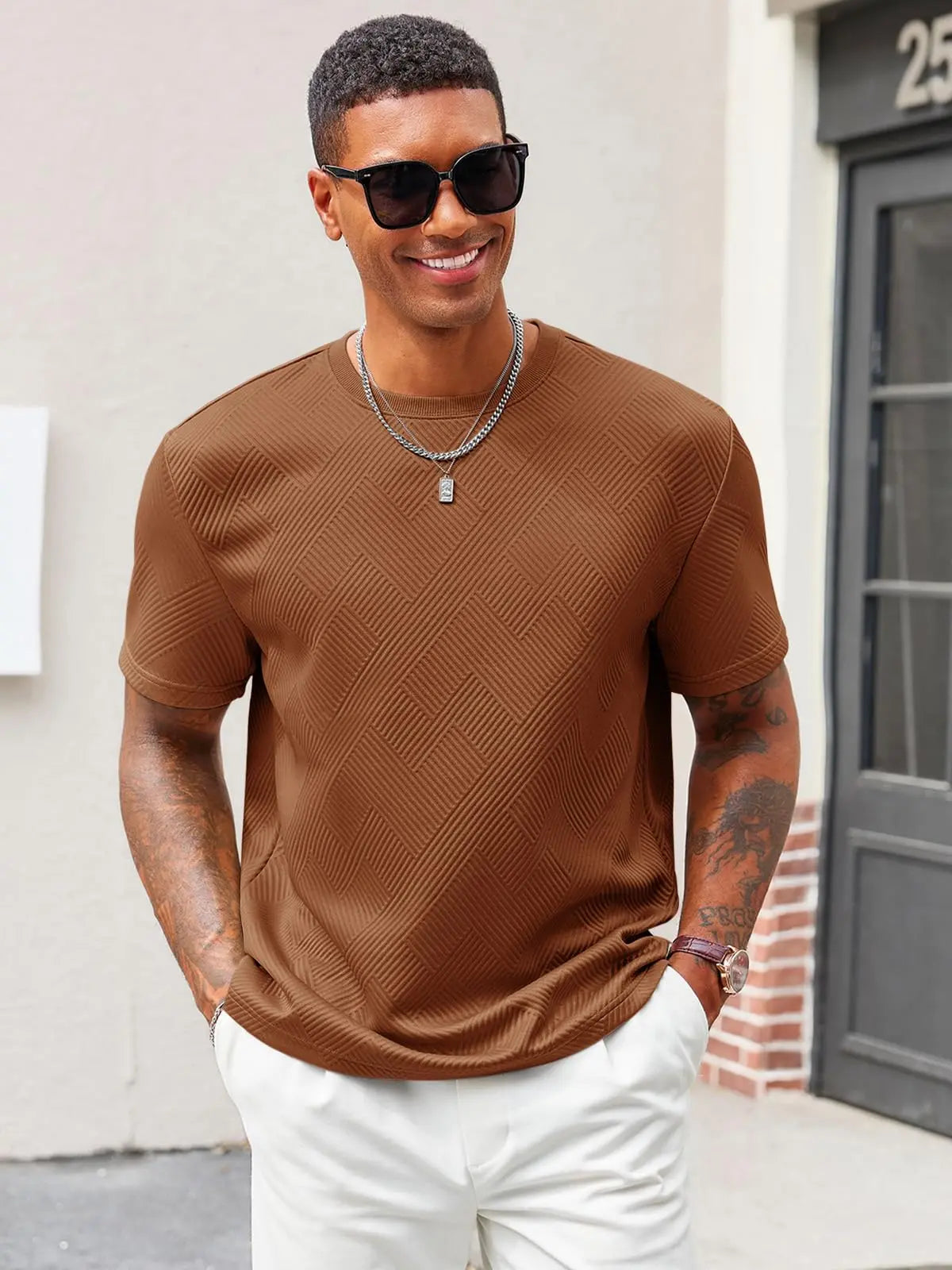 Runcati Men'S Casual T-Shirts Short Sleeve Crewneck Summer Stretchy Shirt Textured Jacquard Tops Streetwear Menswear Soft Tshirt Breathable