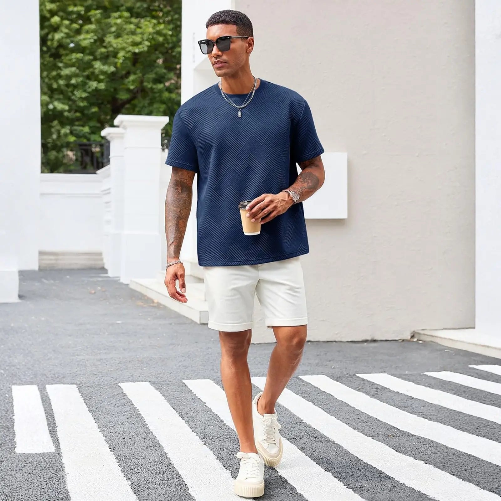Runcati Men'S Casual T-Shirts Short Sleeve Crewneck Summer Stretchy Shirt Textured Jacquard Tops Streetwear Menswear Soft Tshirt Breathable