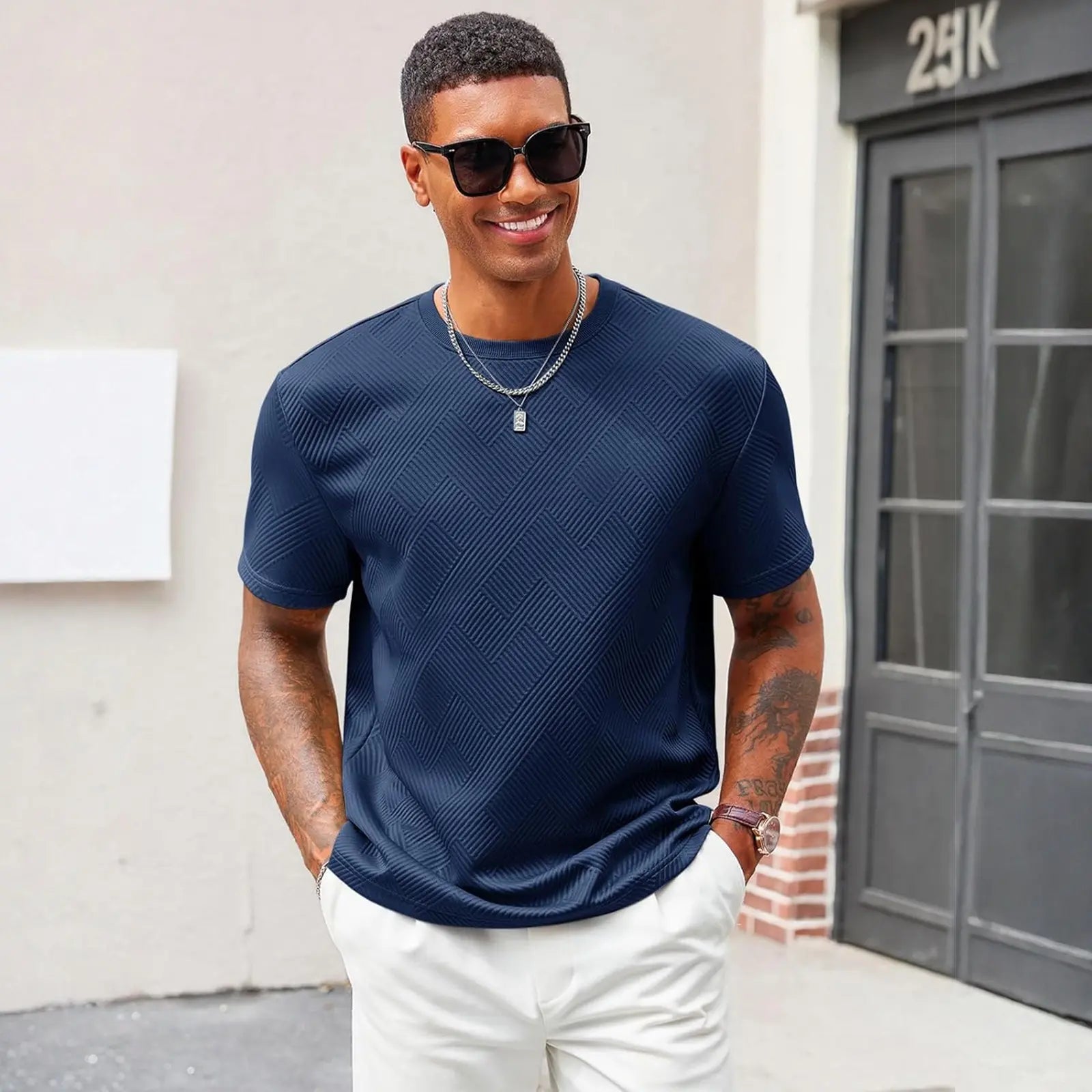 Runcati Men'S Casual T-Shirts Short Sleeve Crewneck Summer Stretchy Shirt Textured Jacquard Tops Streetwear Menswear Soft Tshirt Breathable