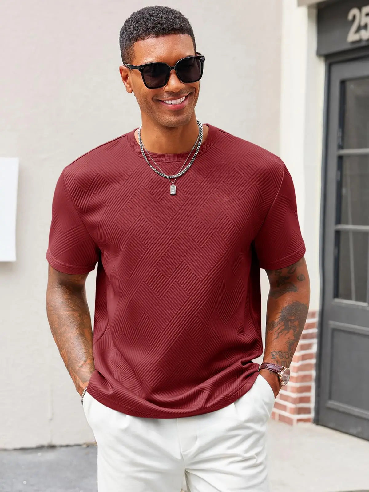 Runcati Men'S Casual T-Shirts Short Sleeve Crewneck Summer Stretchy Shirt Textured Jacquard Tops Streetwear Menswear Soft Tshirt Breathable
